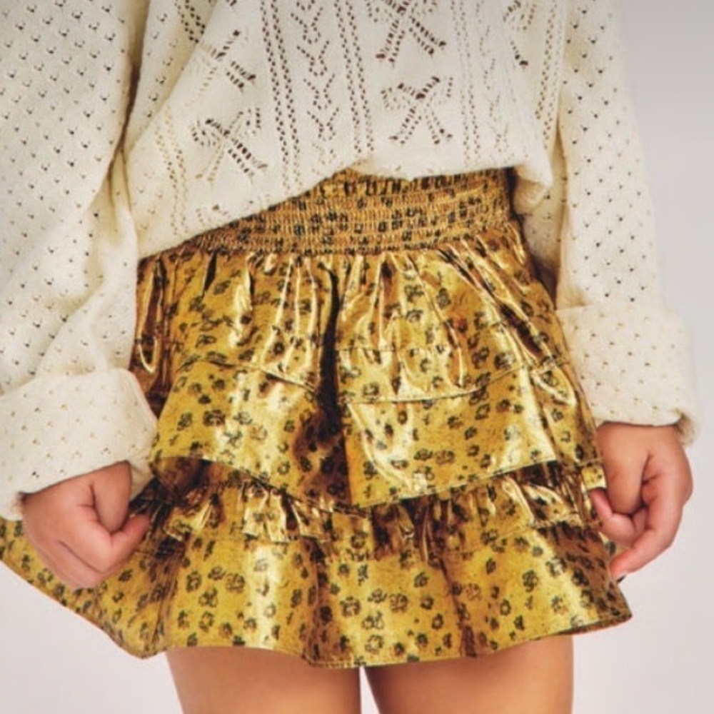 LoveShackFancy Gold Leopard Ruffle Skirt